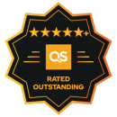 10 pointed star shaped badge in black and gold, reading QS Rated outstanding, with 5 plus stars.